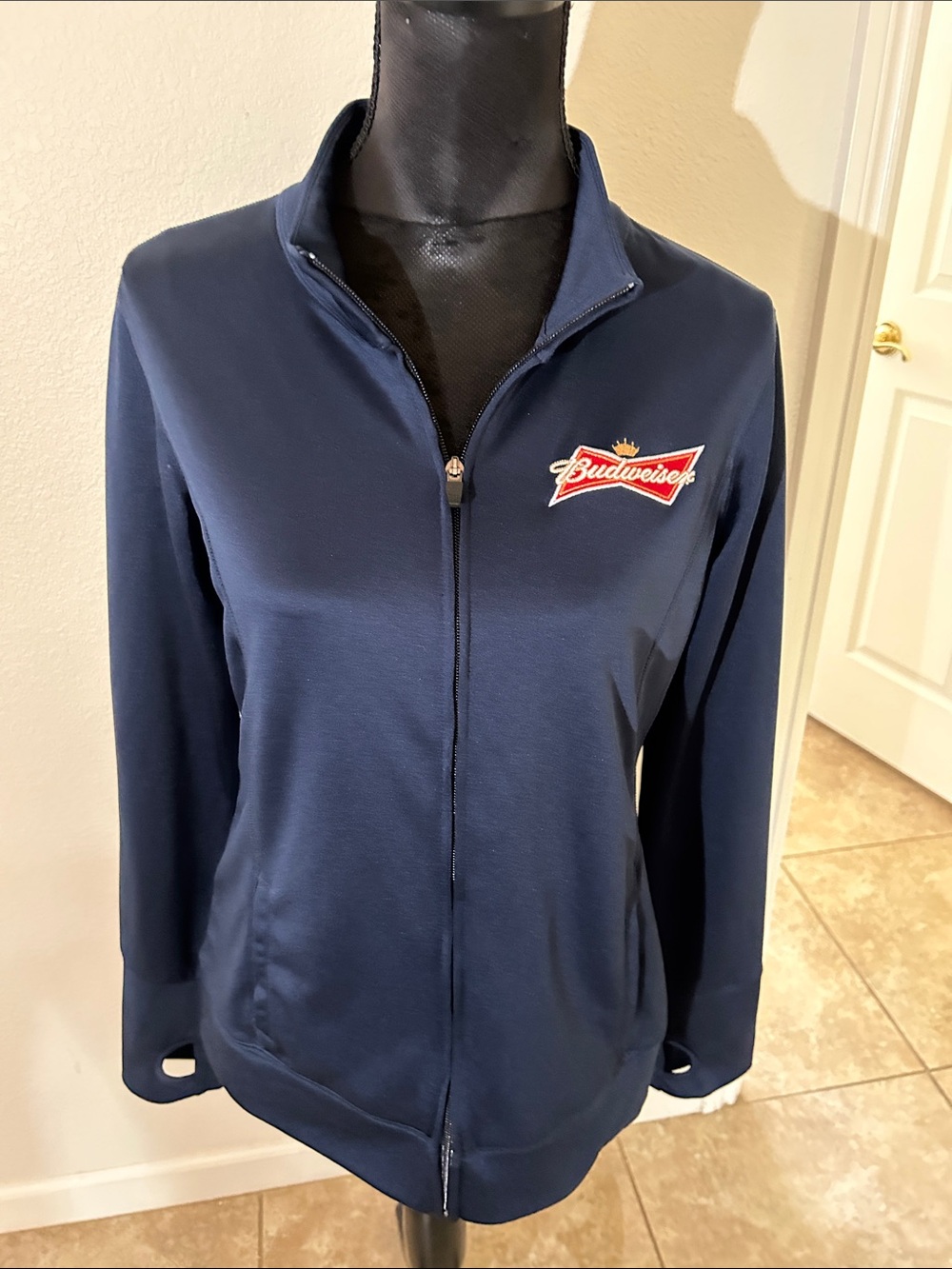 ALO Yoga Navy Zip-Front Women's Jacket with Red White Logo